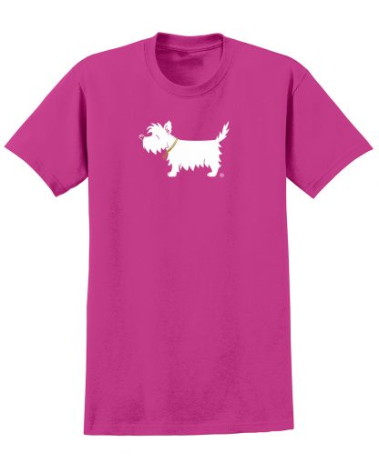 Westie t-shirt - #502 white dog trendy tee in rosy raspberry.