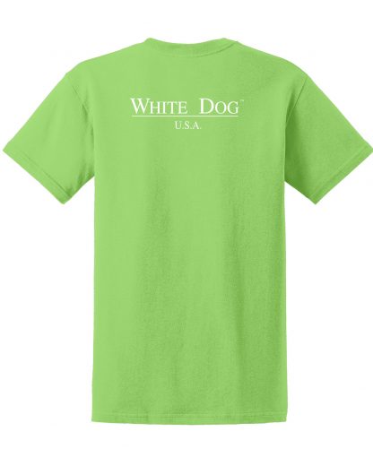 Westie t-shirt - #502 white dog trendy tee in lime green, back view.