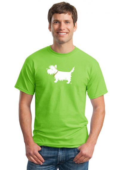 Westie t-shirt - #502 white dog trendy tee in lime green, shown on model.