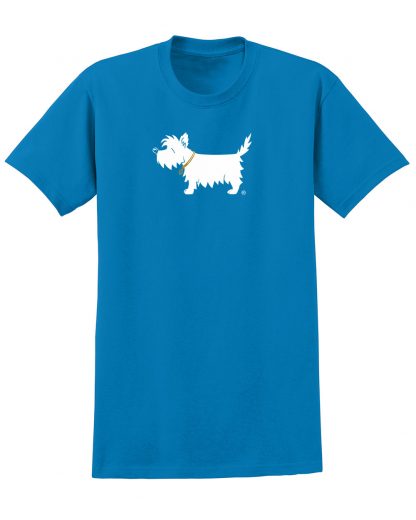 Westie t-shirt - #502 white dog trendy tee in sapphire blue.