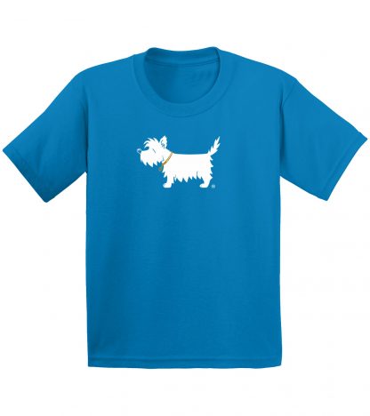 Kids White Dog Shirt / Kids Westie Shirt #302 sapphire blue, front.