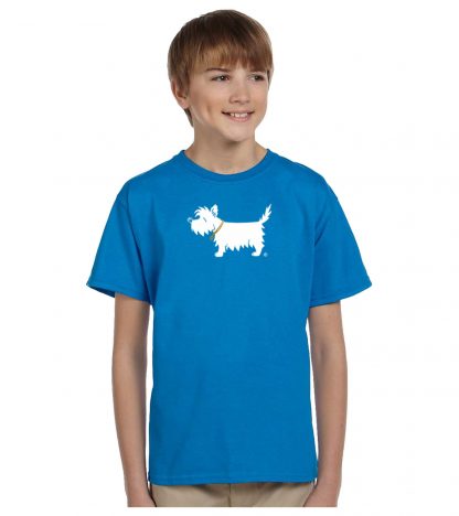 Kids' Westie T-Shirt #302 White Dog youth trendy tee sapphire blue on model