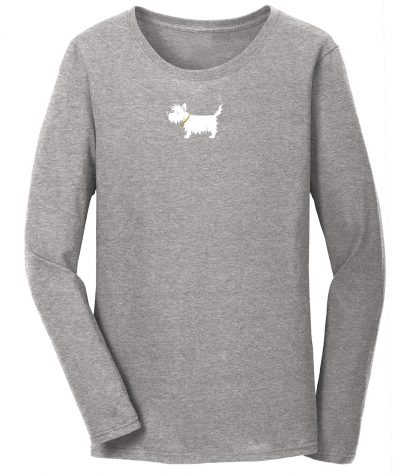 ladies' westie long sleeve t-shirt / ladies' white dog long sleeve t-shirt 705 ladies longsleeve tee Sport Gray front Our 100% cotton, heavyweight, long sleeve t-shirt. Screen-printed with the White Dog (Westie, West Highland White Terrier) logo on front & "White Dog USA" on back